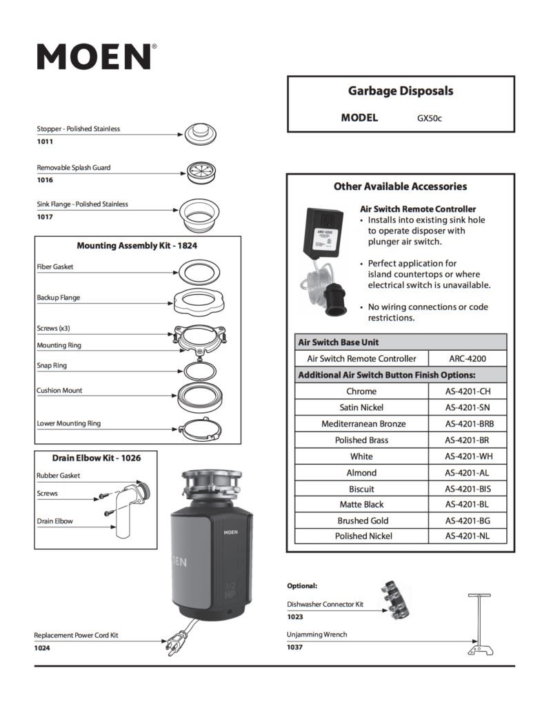 Moen GX50C Garbage Disposal Parts List